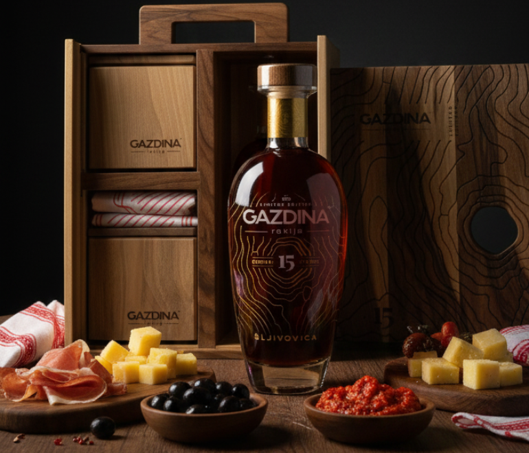 gazdina odlezala 15 godina sljivovica u premium drvenom pakovanju, meza, drveni sto